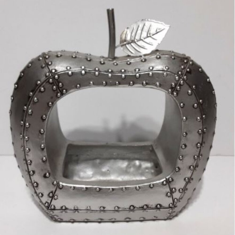 Apple Planter Industrial Steampunk Faux Brushed Metal Rivet Look Silver Decor